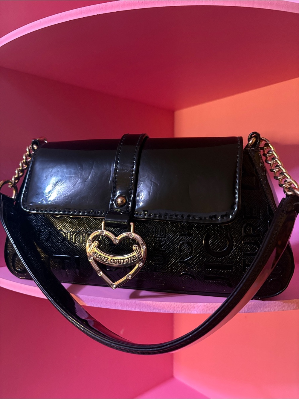 Juicy Couture Black Patent Heart-Lock Shoulder Bag